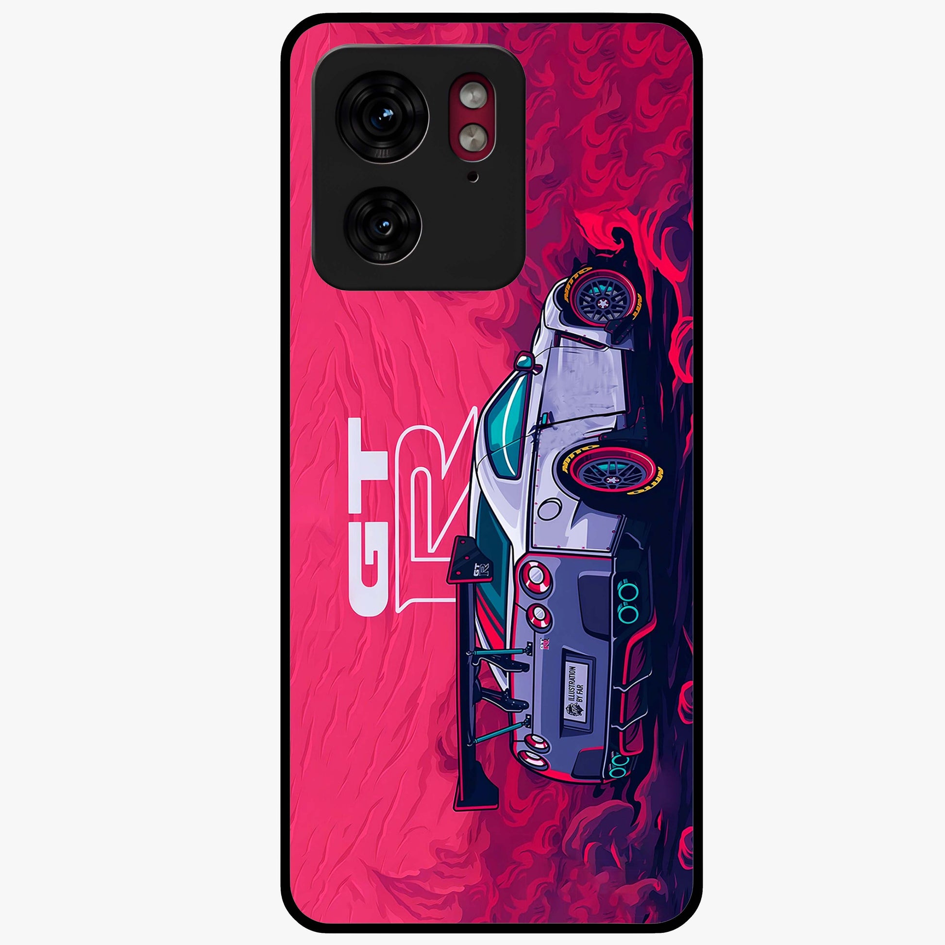 GT-R Car Pattern Glass Case showing flat back view with sporty car inspired pattern artwork and glossy glass finish.