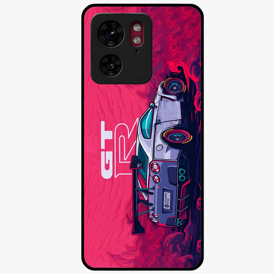 GT-R Car Pattern Glass Case showing flat back view with sporty car inspired pattern artwork and glossy glass finish.
