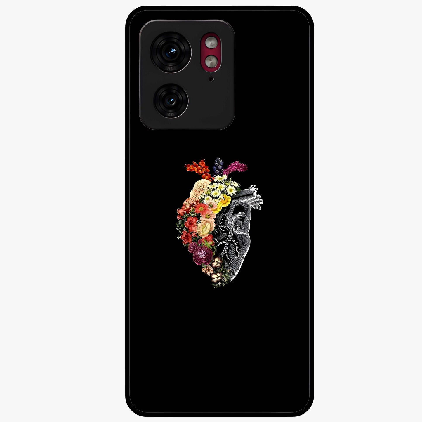 Heart With Flowers Glass Case showing flat back view with heart shaped floral artwork and glossy glass finish.