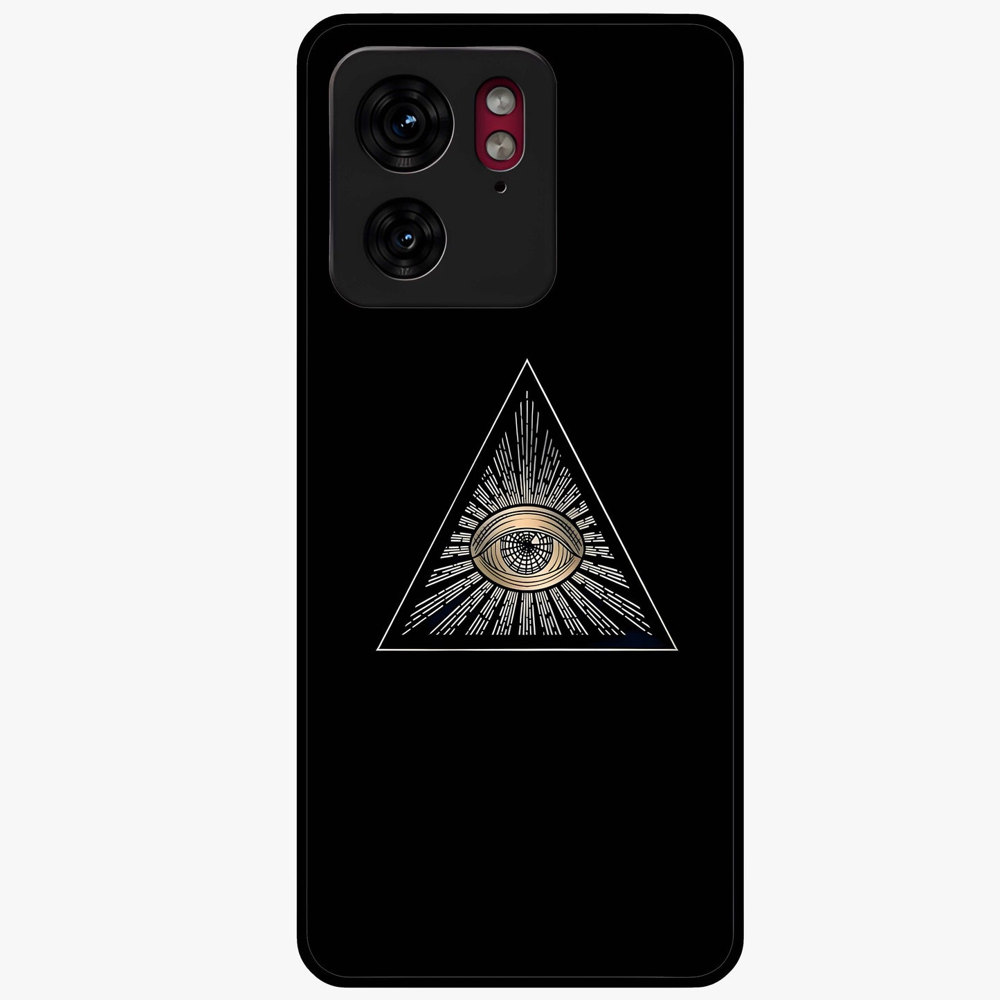 Illuminati Evil Glass Case showing flat back view with mysterious illuminati symbol artwork and glossy glass finish.