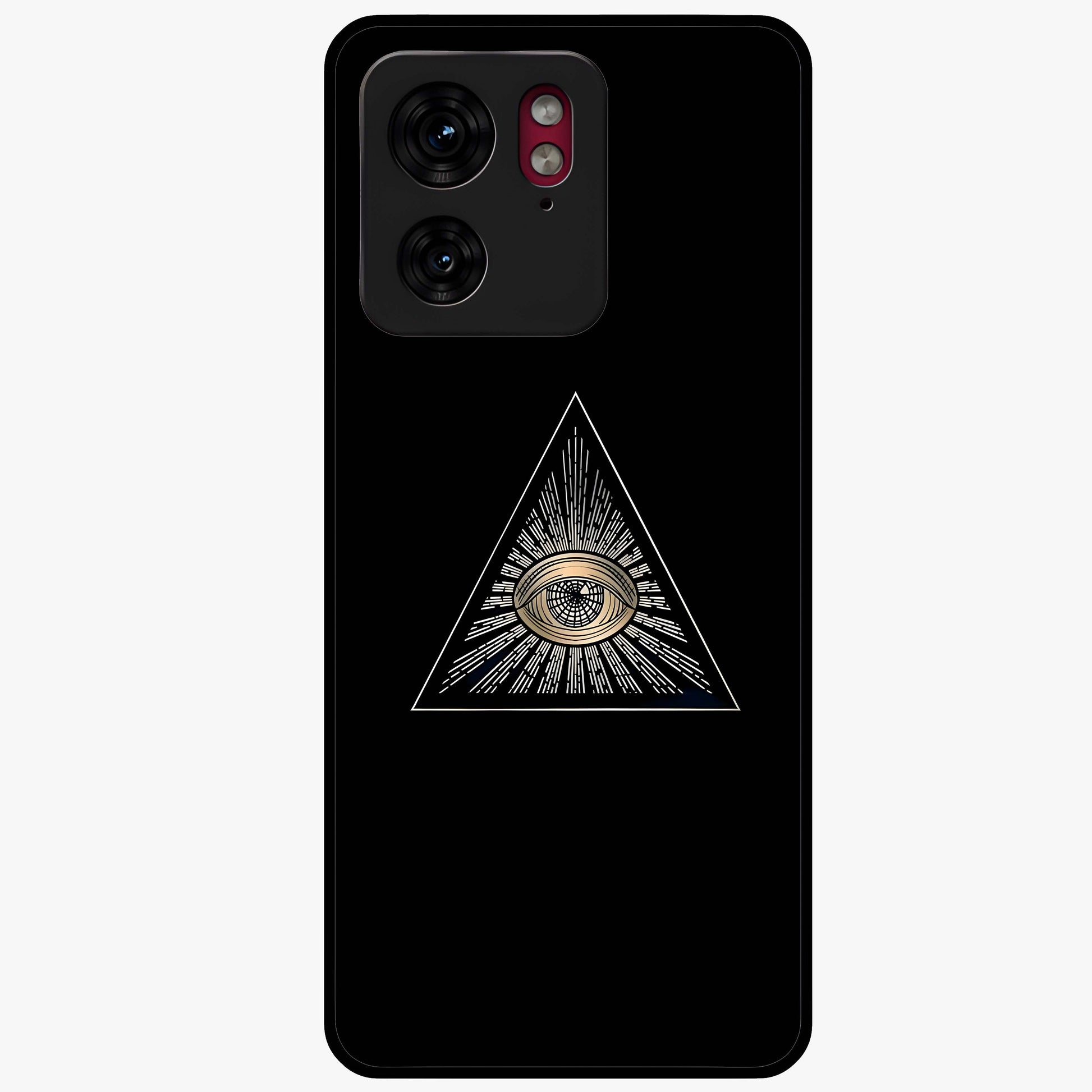 Illuminati Evil Glass Case showing flat back view with mysterious illuminati symbol artwork and glossy glass finish.