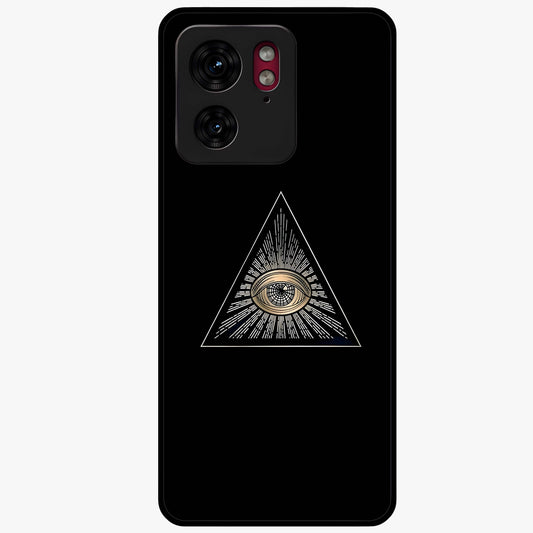 Illuminati Evil Glass Case showing flat back view with mysterious illuminati symbol artwork and glossy glass finish.