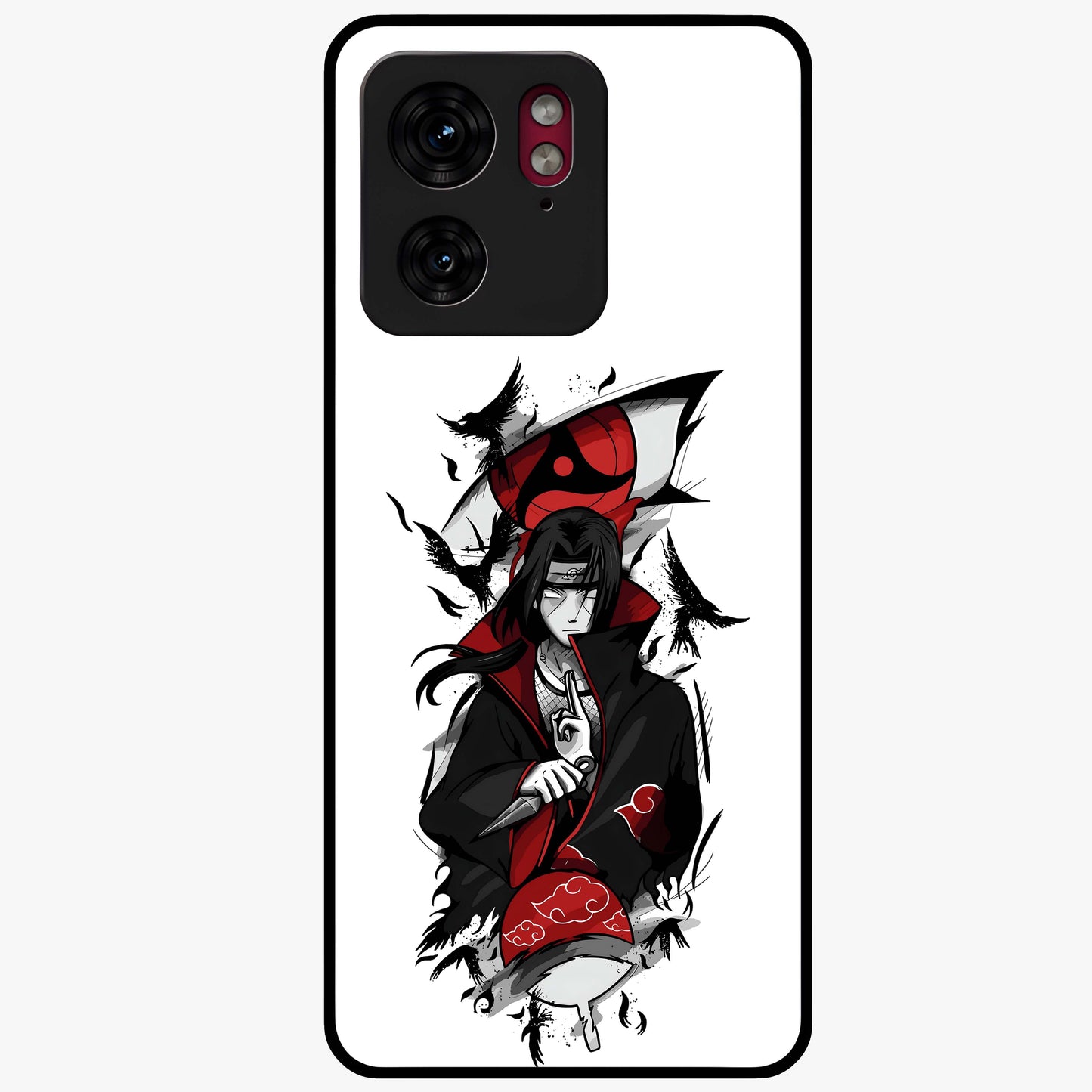 Itachi Sharingan Glass Case showing flat back view with powerful anime eye artwork and glossy glass finish.