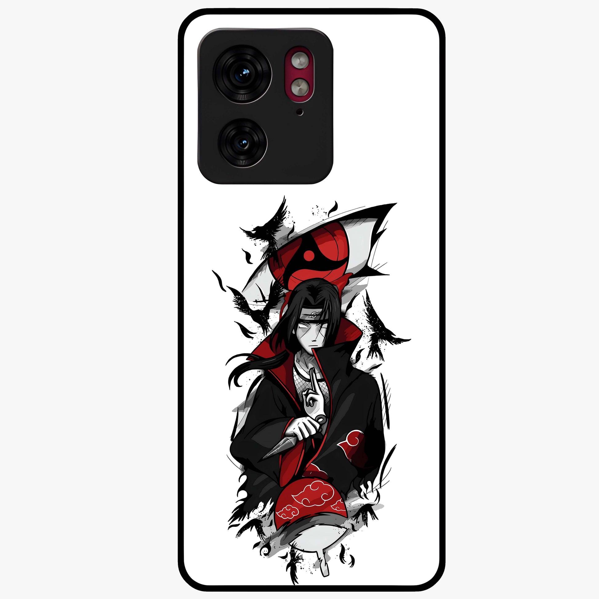 Itachi Sharingan Glass Case showing flat back view with powerful anime eye artwork and glossy glass finish.