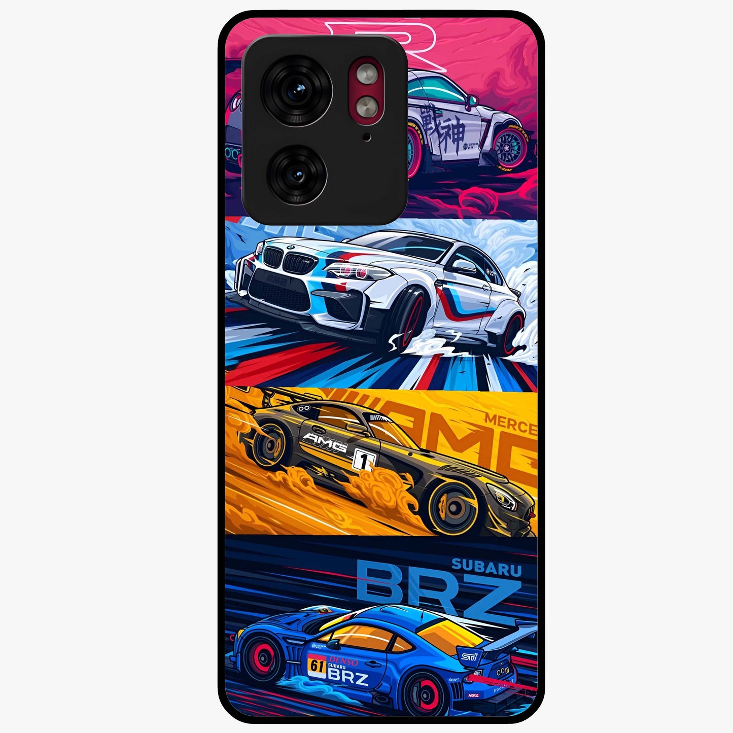 JDM Sports Car Glass Case showing flat back view with high performance sports car artwork and glossy glass finish.