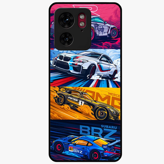JDM Sports Car Glass Case showing flat back view with high performance sports car artwork and glossy glass finish.