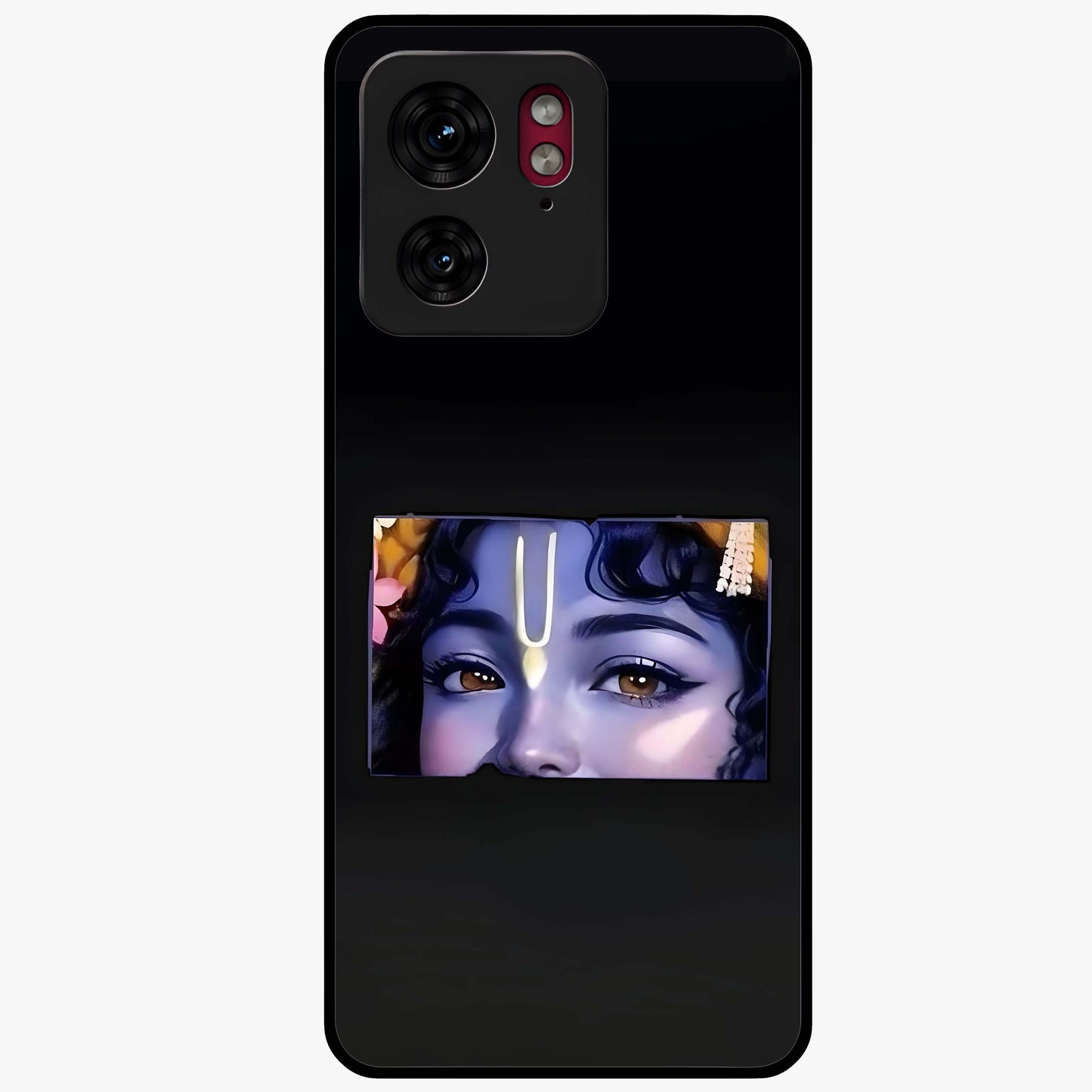 Krishna Divine Embrace Glass Case showing flat back view with Lord Krishna devotional artwork and glossy glass finish.