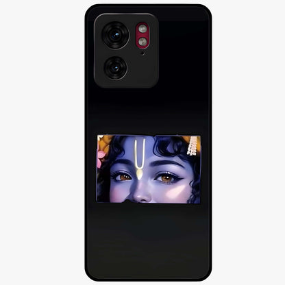 Krishna Divine Embrace Glass Case showing flat back view with Lord Krishna devotional artwork and glossy glass finish.