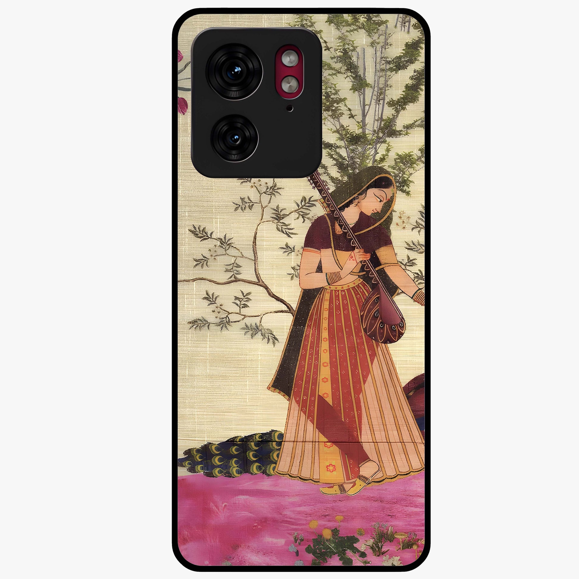 Lady With Veena Art Glass Case showing flat back view with elegant woman playing veena artwork and glossy glass finish.