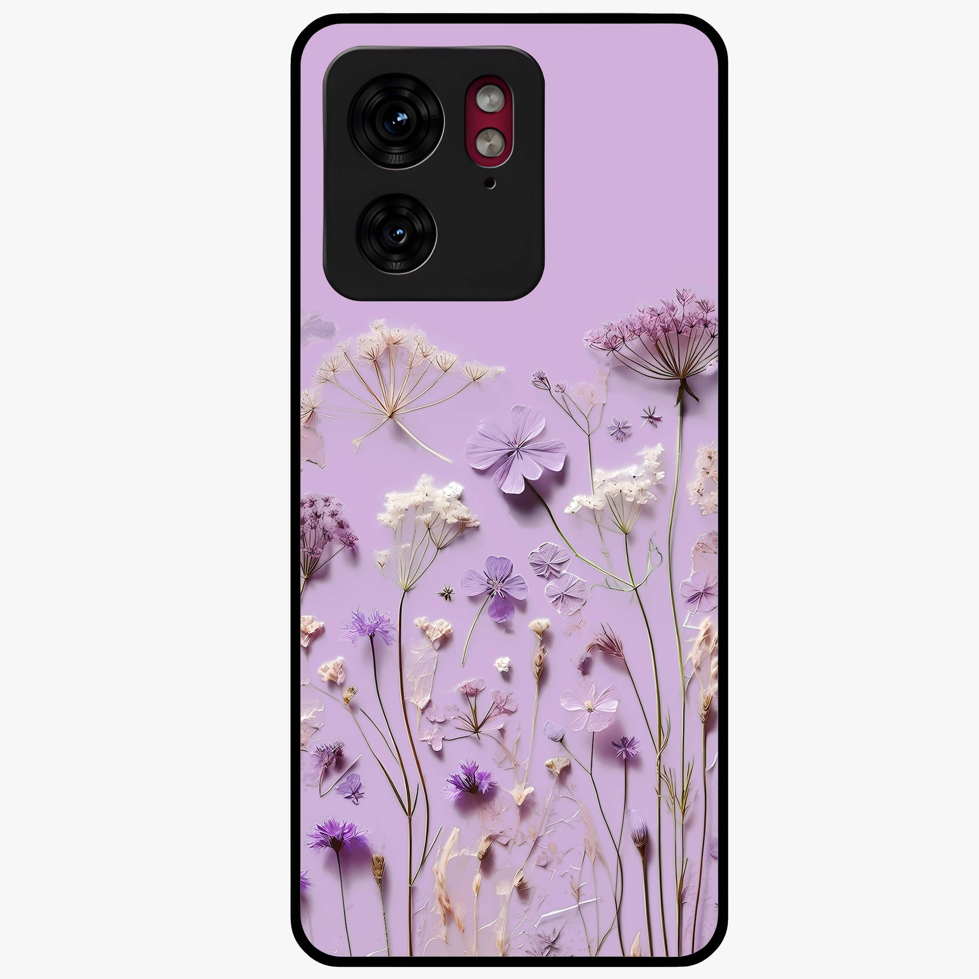 Lavender Blossom Dream Glass Case showing flat back view with soft lavender floral artwork and glossy glass finish.
