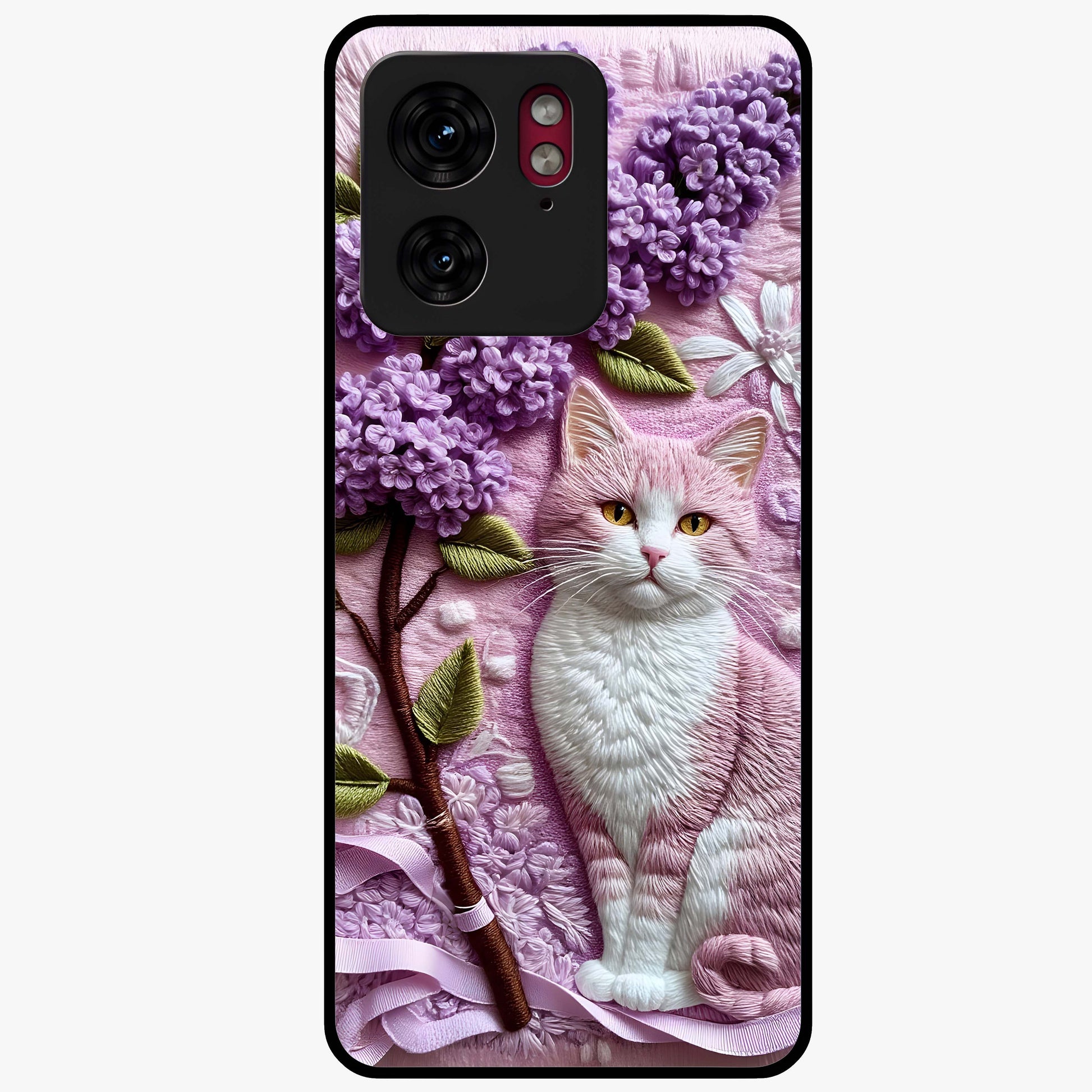 Lavender Cat Whimsy Glass Case showing flat back view with cute lavender cat artwork and glossy glass finish.