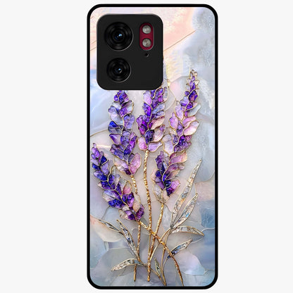 Lavender Dream Glow Glass Case showing flat back view with glowing lavender aesthetic artwork and glossy glass finish.