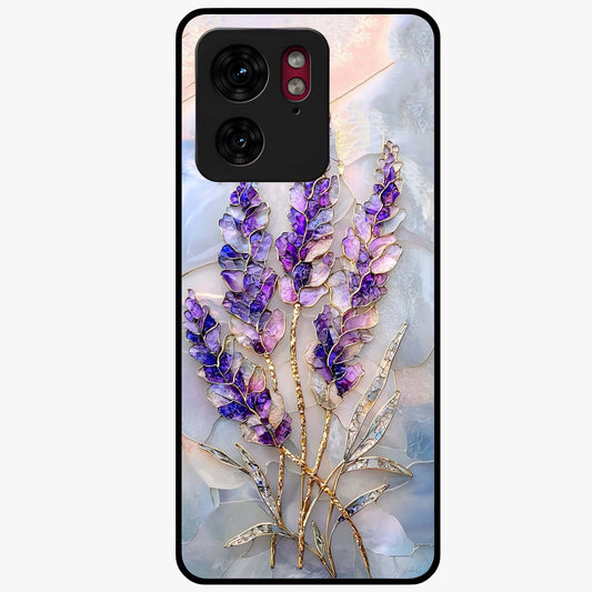 Lavender Dream Glow Glass Case showing flat back view with glowing lavender aesthetic artwork and glossy glass finish.