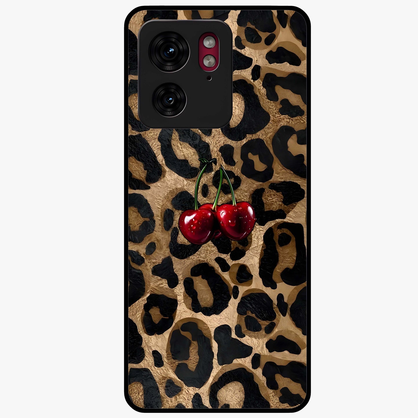 Leopard Wild Cherry Glass Case showing flat back view with leopard pattern and cherry artwork and glossy glass finish.