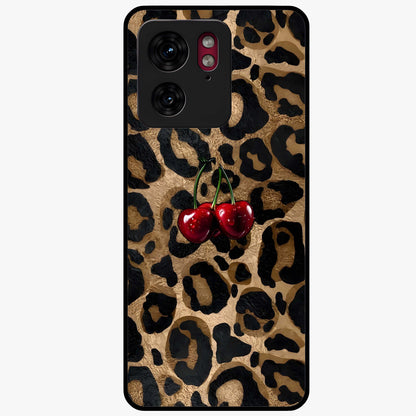 Leopard Wild Cherry Glass Case showing flat back view with leopard pattern and cherry artwork and glossy glass finish.
