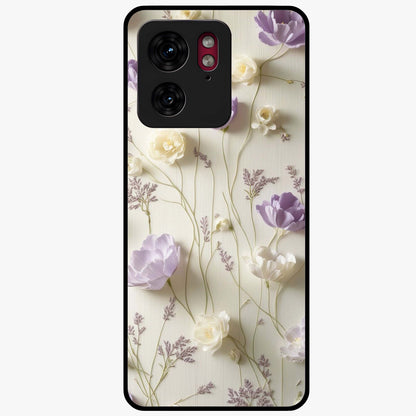 Lilac Breeze Harmony Glass Case showing flat back view with soft lilac themed artwork and glossy glass finish.