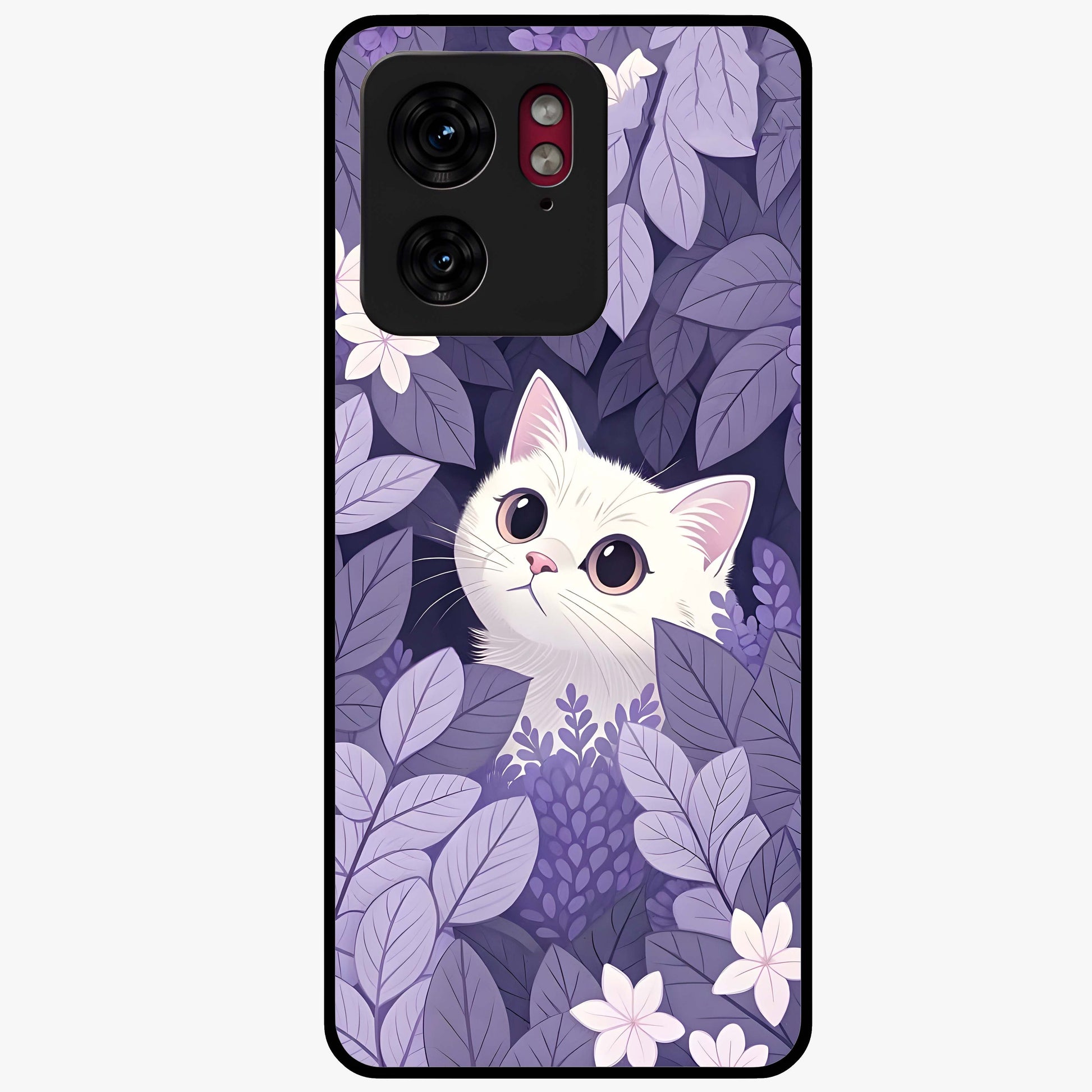 Lilac Hide Peek Cat Glass Case showing flat back view with cute peeking cat artwork and glossy glass finish.
