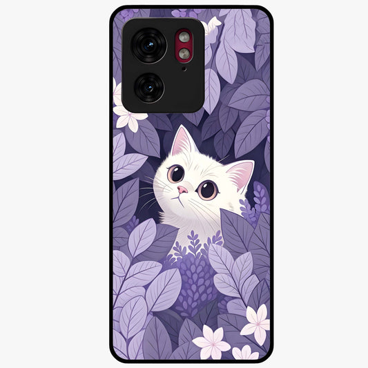 Lilac Hide Peek Cat Glass Case showing flat back view with cute peeking cat artwork and glossy glass finish.