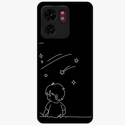 Line Art Boy With Shooting Stars Glass Case showing flat back view with minimal line art boy and shooting stars illustration and glossy glass finish.