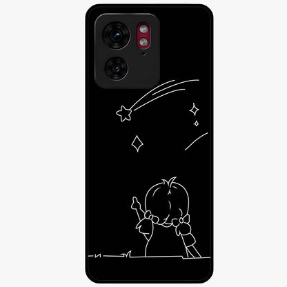 Line Art Girl With Shooting Stars Glass Case showing flat back view with minimal line art girl and shooting stars illustration and glossy glass finish.