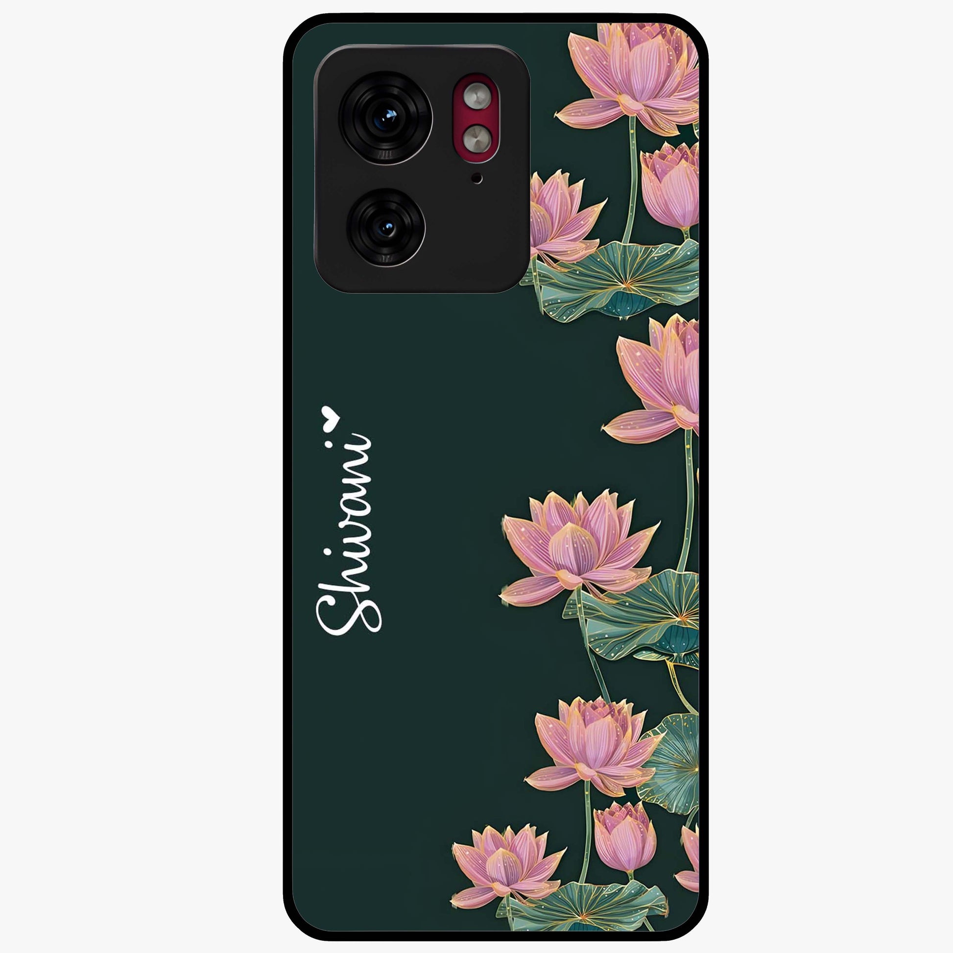 Lotus Bloom Serenity Custom Name Glass Case showing flat back view with elegant lotus flower artwork and personalized name design.