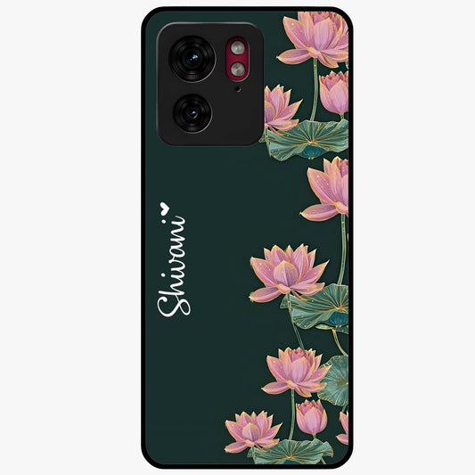Lotus Bloom Serenity Custom Name Glass Case showing flat back view with elegant lotus flower artwork and personalized name design.