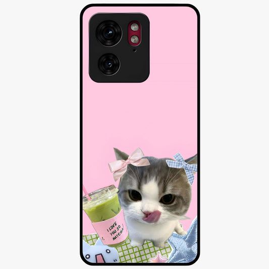 Love Matcha Cat Glass Case showing flat back view with cute cat and matcha themed artwork and glossy glass finish.