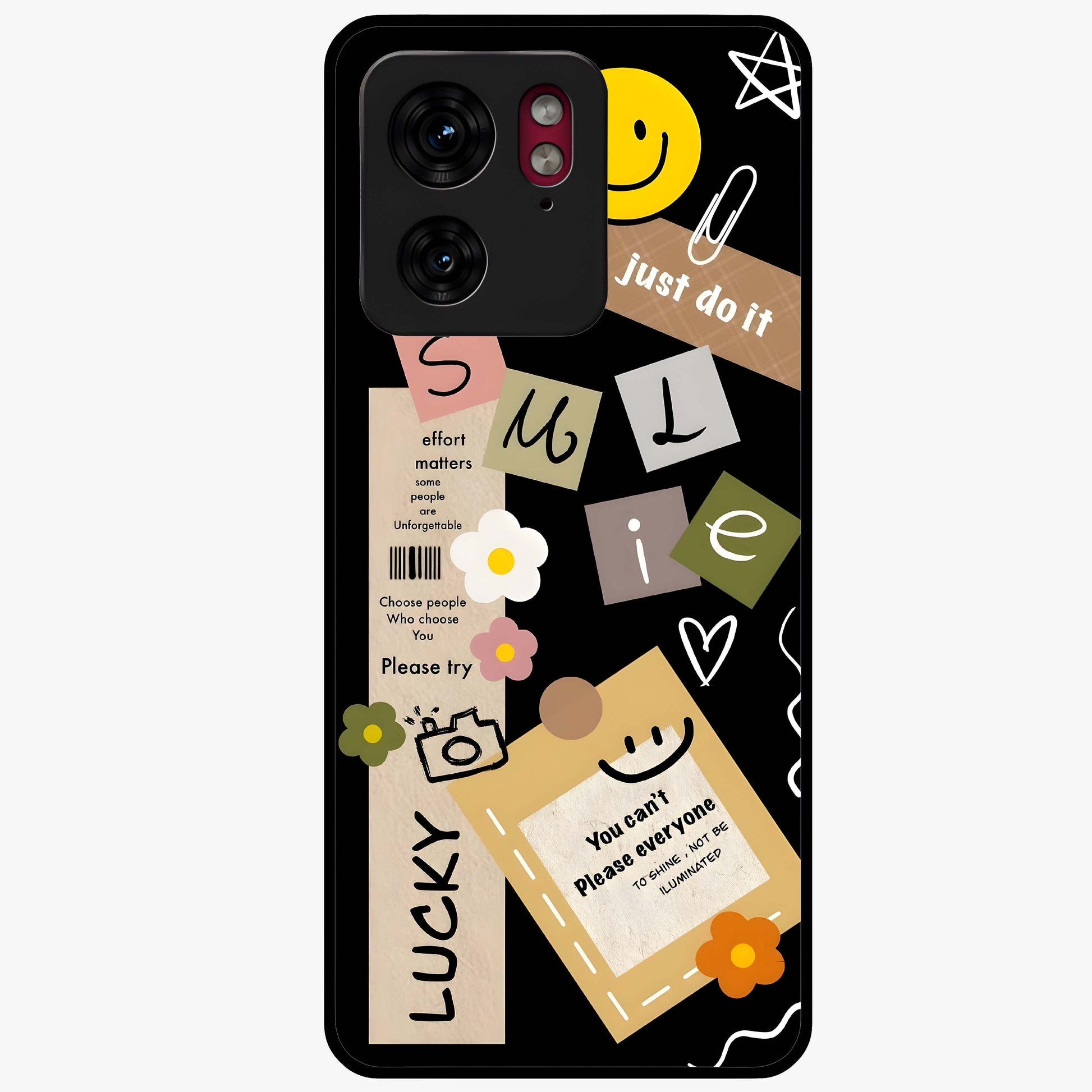 Lucky Aesthetic Collage Glass Case showing flat back view with trendy aesthetic collage artwork and glossy glass finish.