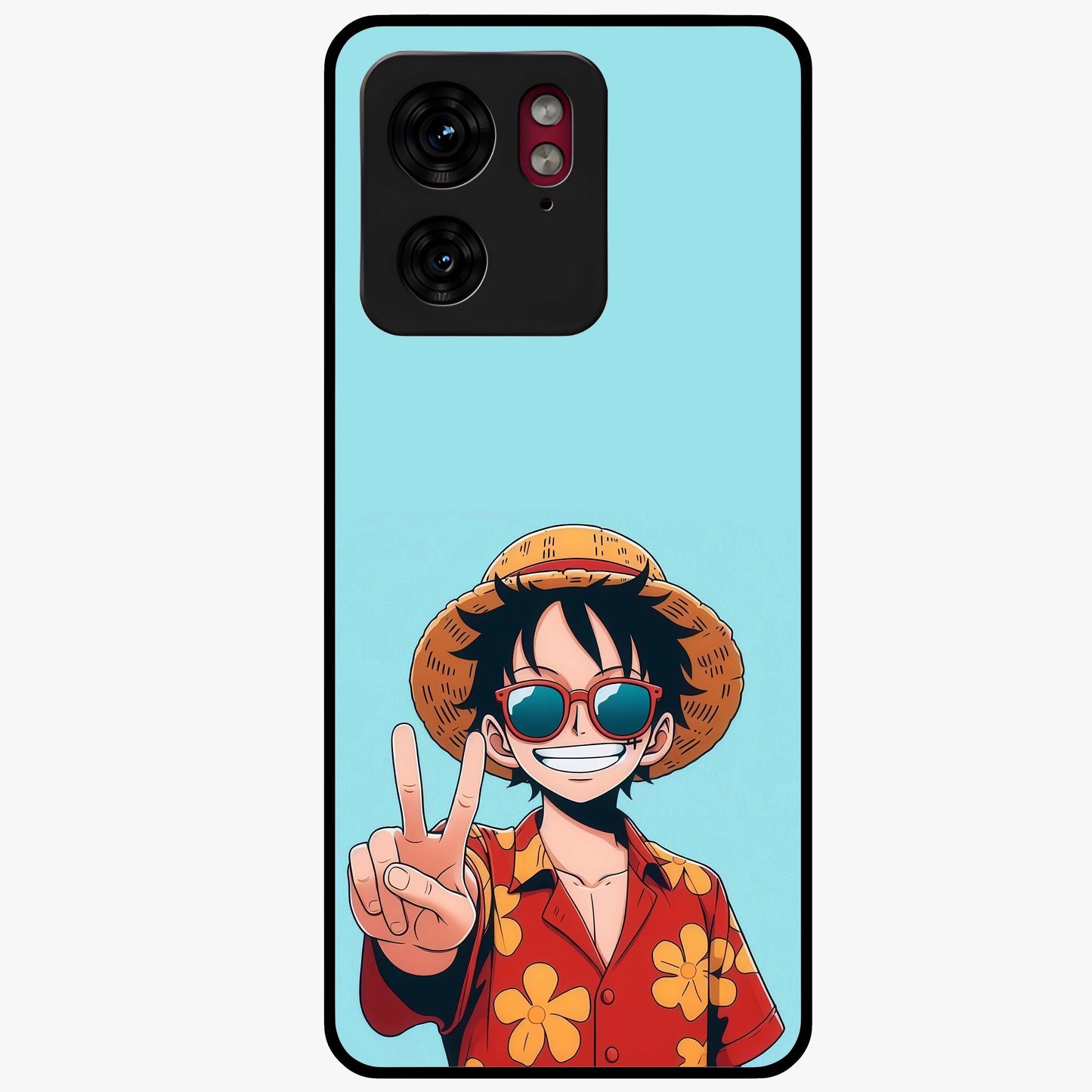 Luffy Summer Anime Vibe Glass Case showing flat back view with vibrant anime character artwork and glossy glass finish.