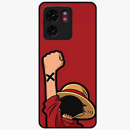Luffy X Spirit Glass Case showing flat back view with bold anime character artwork and glossy glass finish.