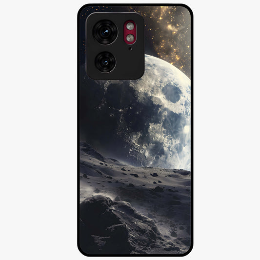 Lunar Horizon Glow Glass Case showing flat back view with glowing moon horizon artwork and glossy glass finish.