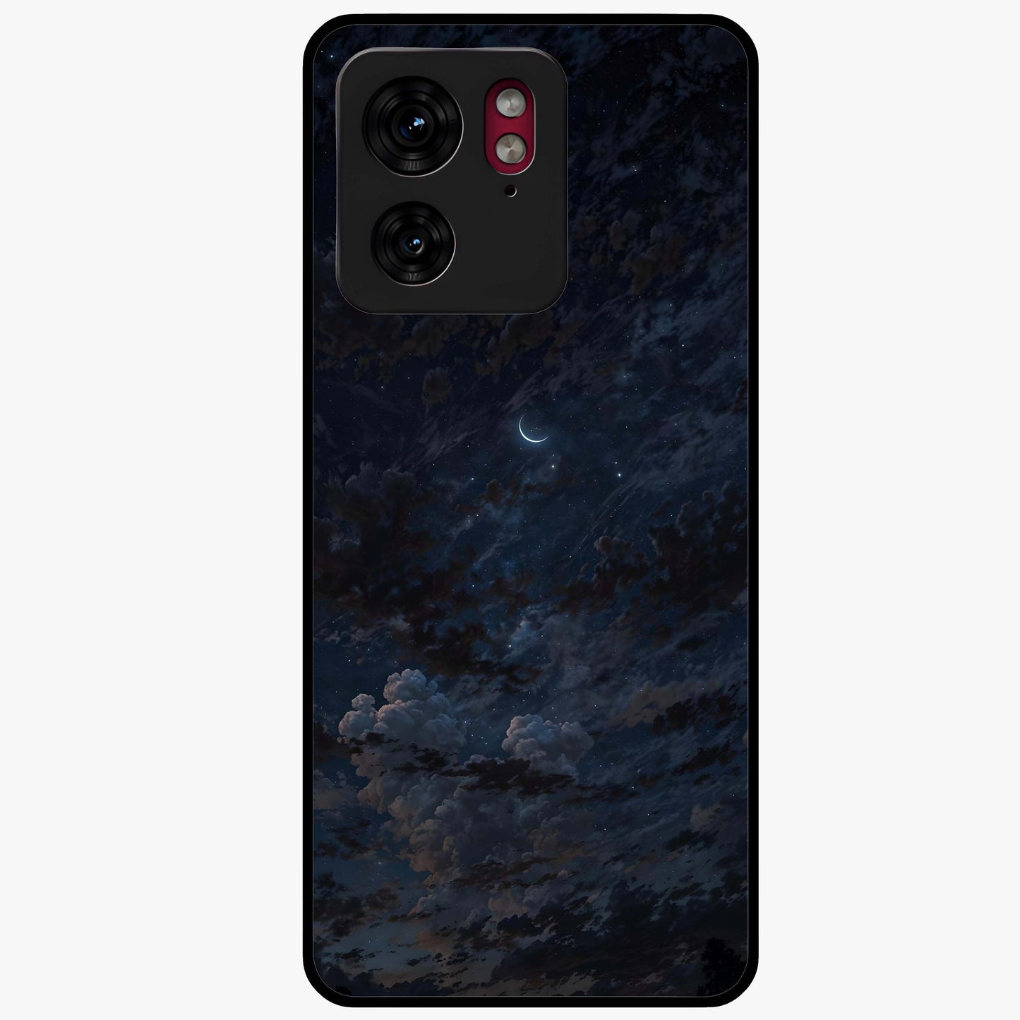 Lunar Veil Silence Glass Case showing flat back view with mystical moon veil artwork and glossy glass finish.