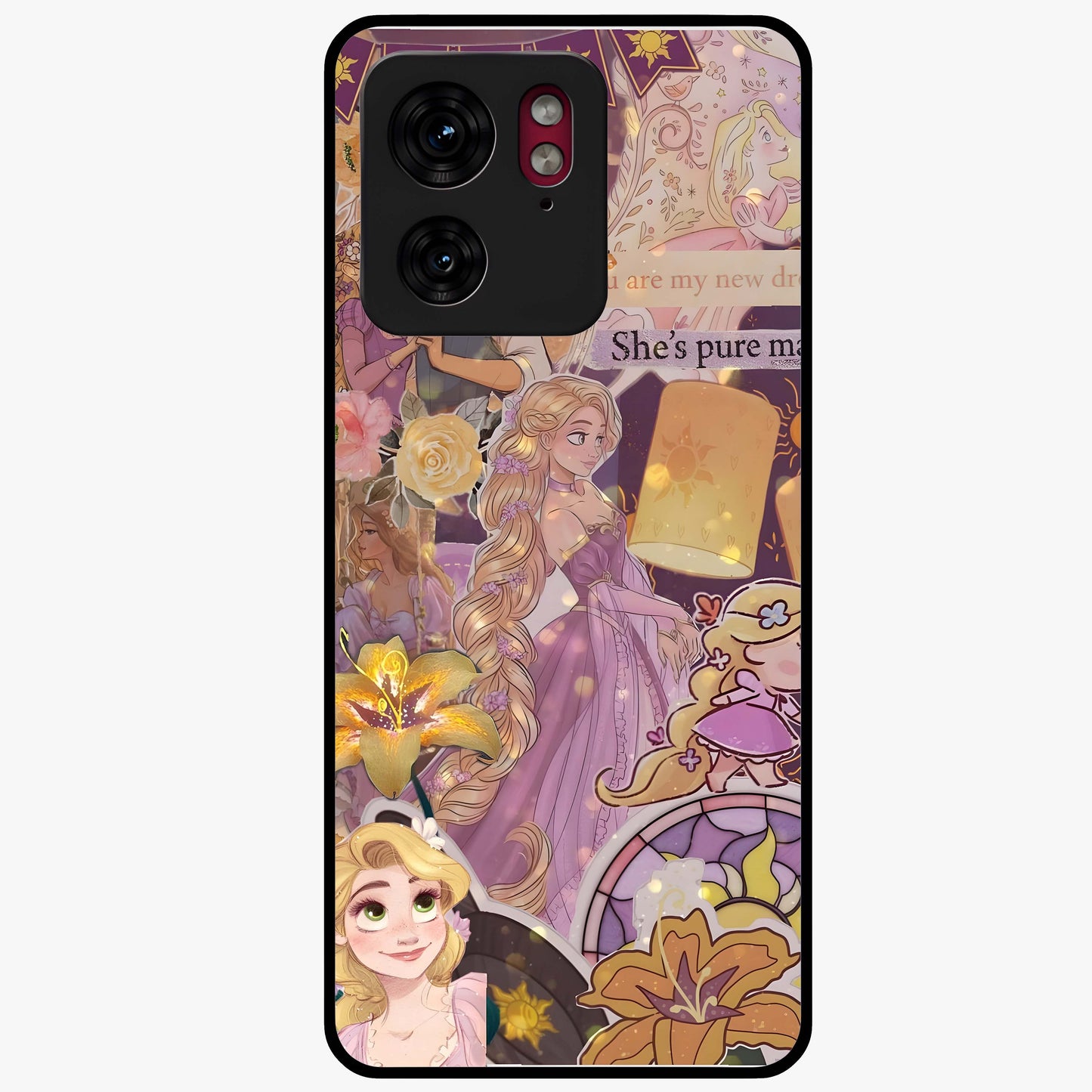 Magical Tangled Dream Glass Case showing flat back view with dreamy tangled artwork and glossy glass finish.
