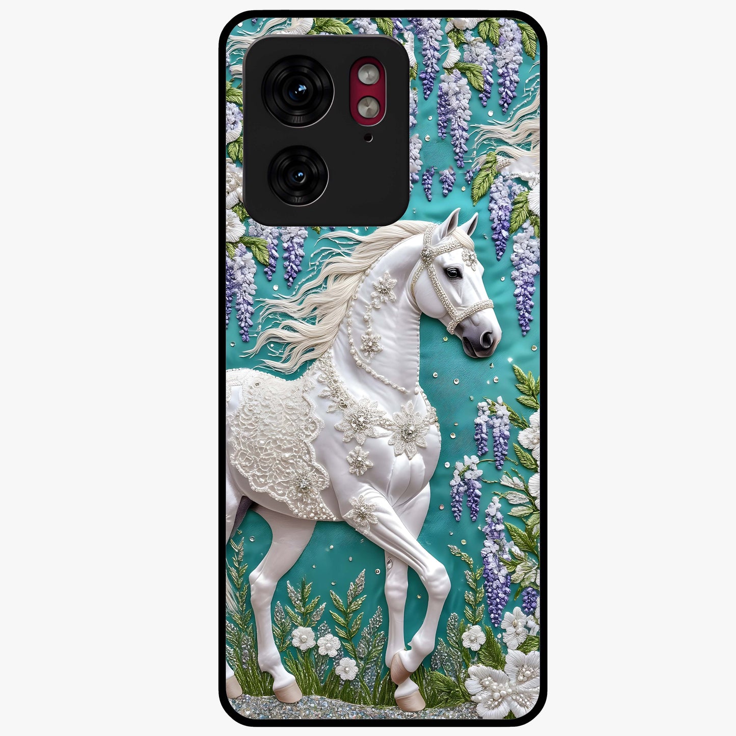 Majestic Floral Stallion Glass Case showing flat back view with powerful horse and floral artwork and glossy glass finish.