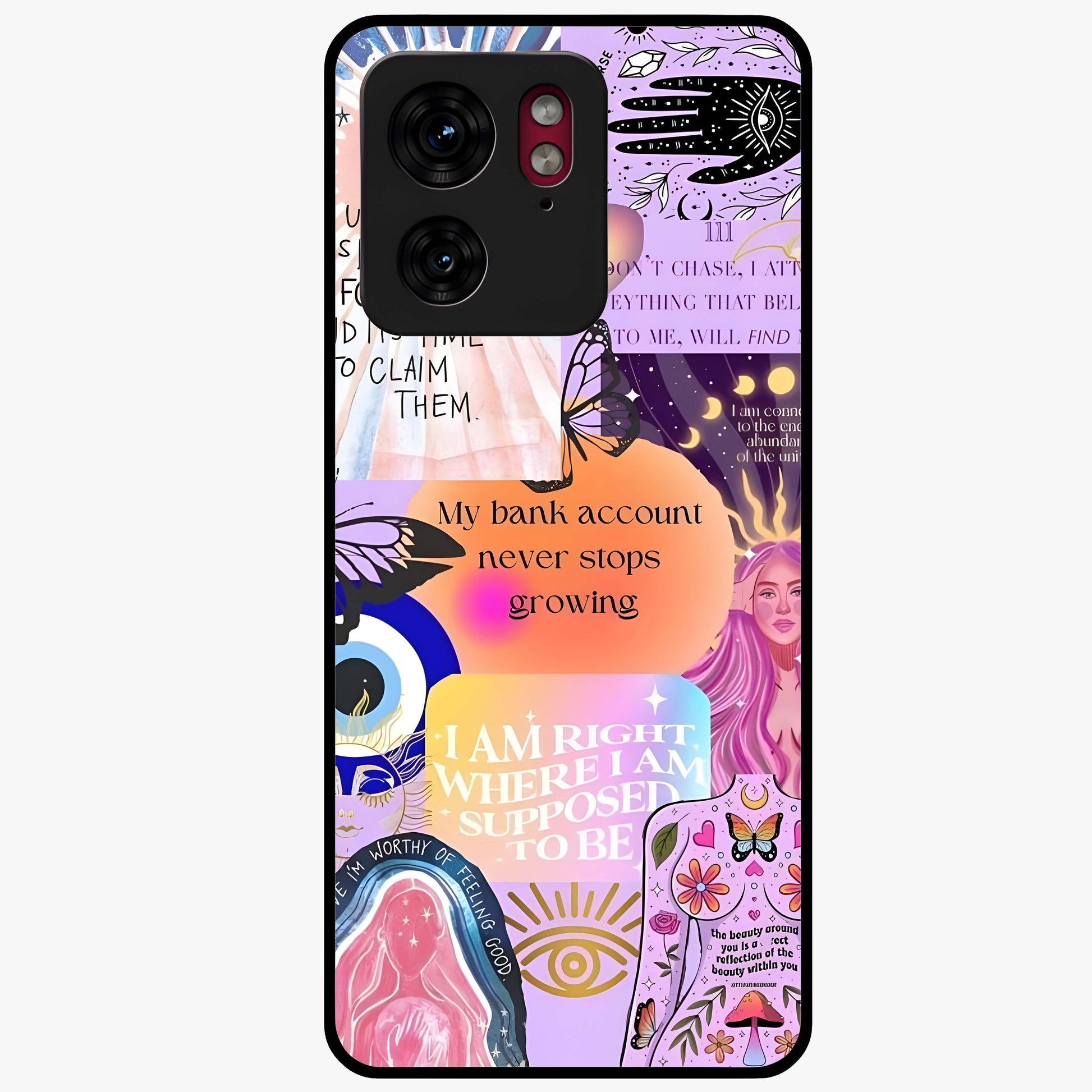 Manifestation Collage Glass Case showing flat back view with motivational collage artwork and glossy glass finish.