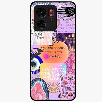 Manifestation Collage Glass Case showing flat back view with motivational collage artwork and glossy glass finish.
