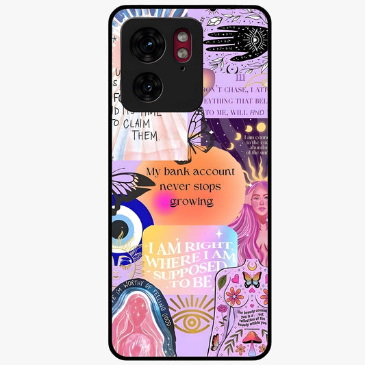 Manifestation Collage Glass Case showing flat back view with motivational collage artwork and glossy glass finish.