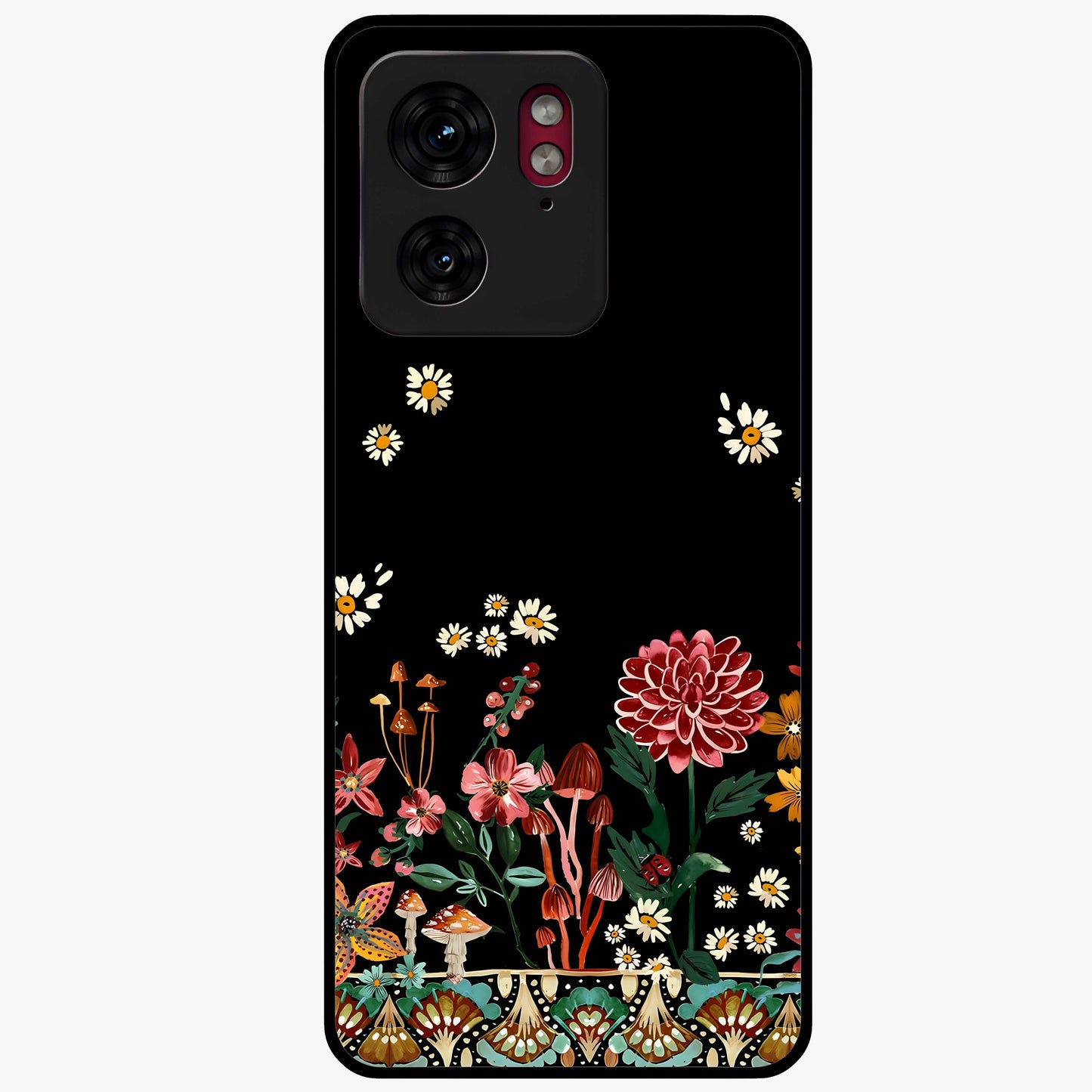 Midnight Bloom Pattern Glass Case showing flat back view with dark floral pattern artwork and glossy glass finish.