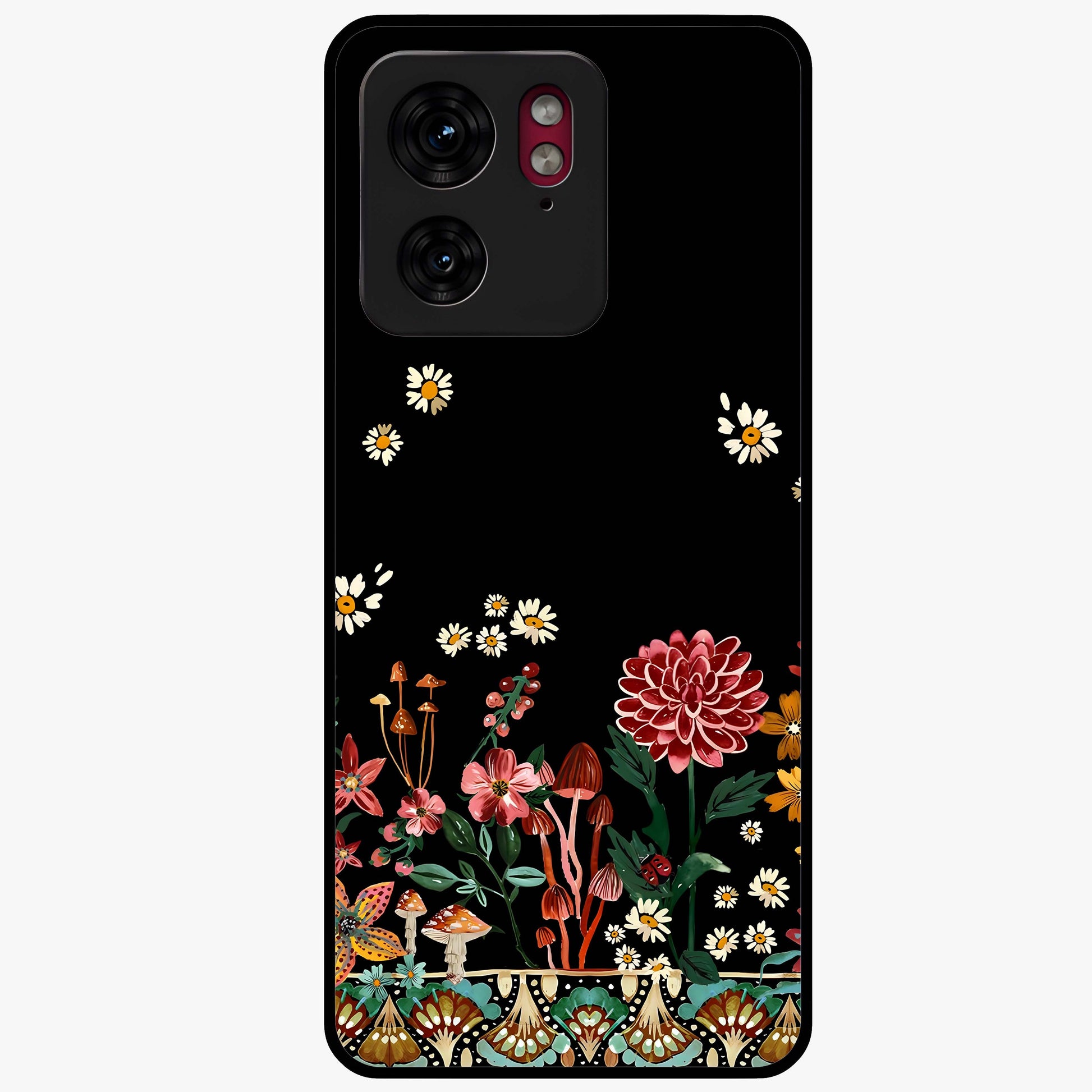 Midnight Bloom Pattern Glass Case showing flat back view with dark floral pattern artwork and glossy glass finish.
