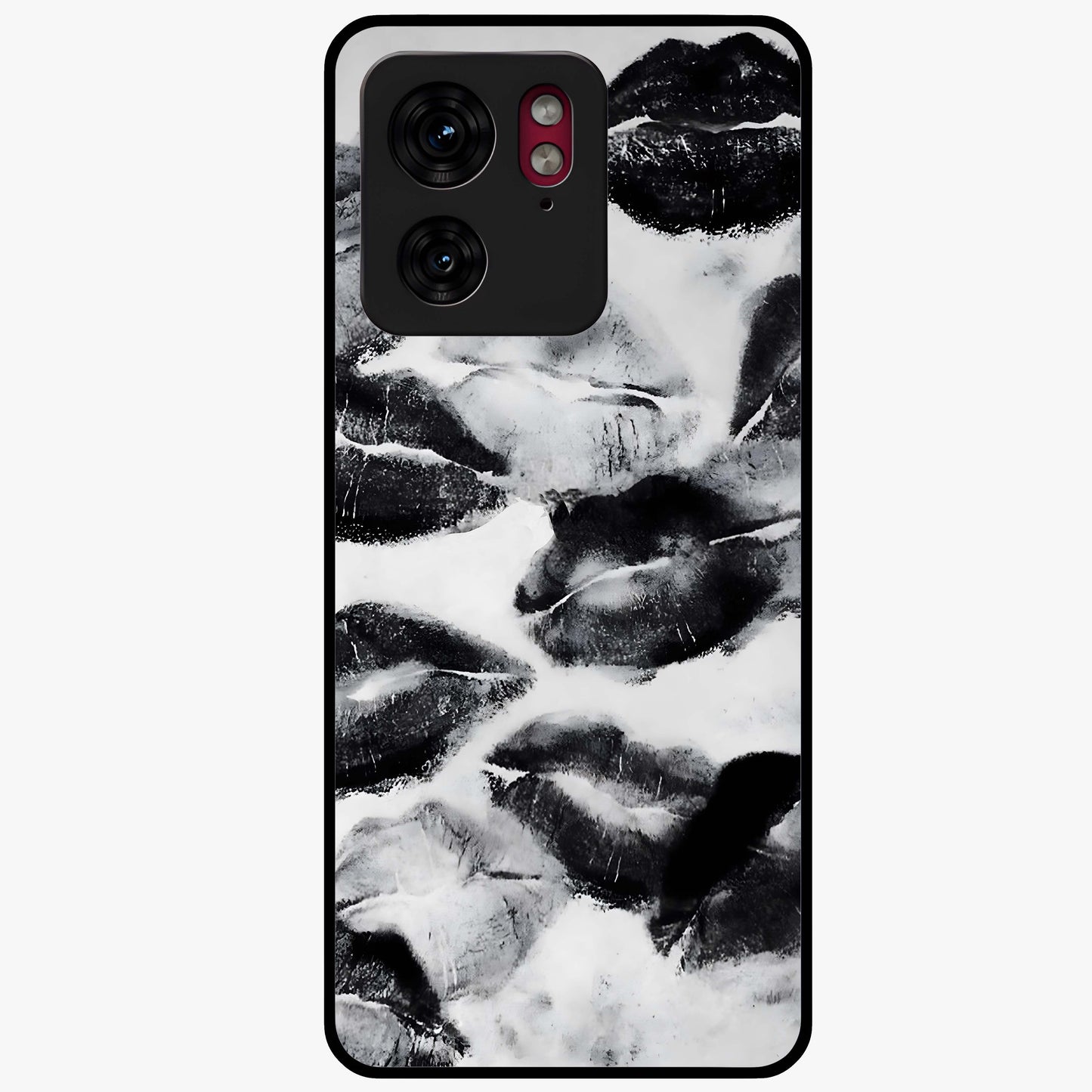 Midnight Kiss Marks Glass Case showing flat back view with lipstick kiss mark artwork and glossy glass finish.