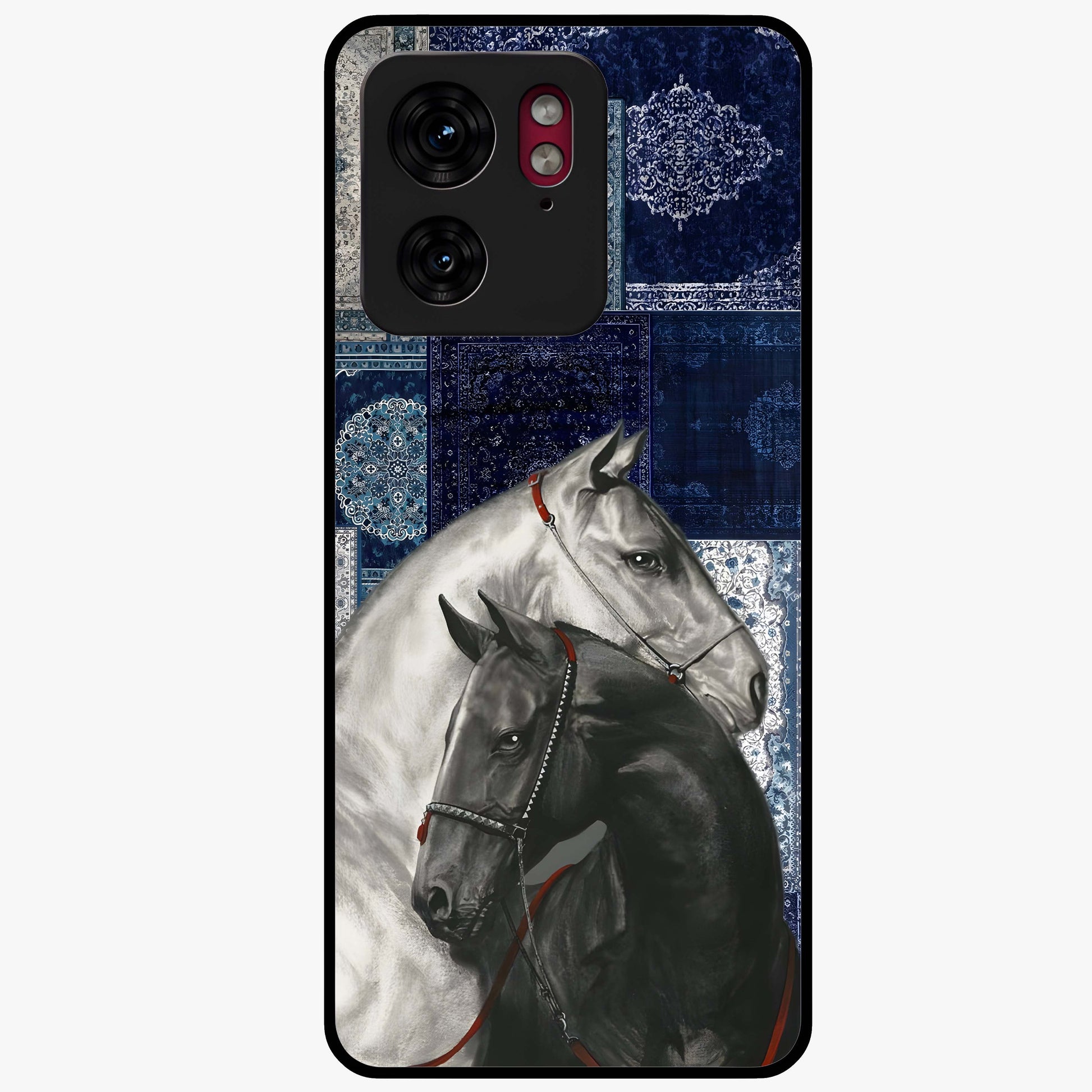 Midnight Stallion Blues Glass Case showing flat back view with majestic horse artwork and glossy glass finish.