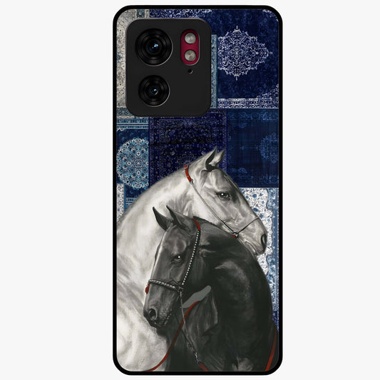 Midnight Stallion Blues Glass Case showing flat back view with majestic horse artwork and glossy glass finish.