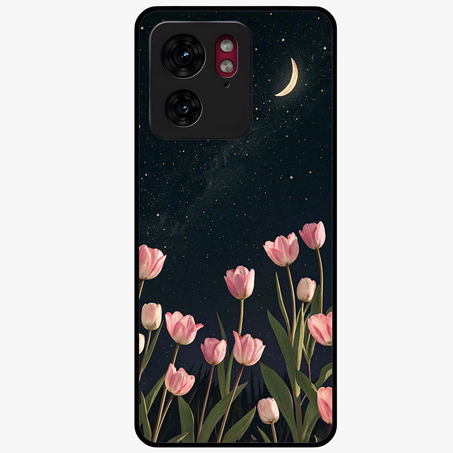 Midnight Tulip Whispers Vibe Glass Case showing flat back view with elegant tulip flower artwork and glossy glass finish.