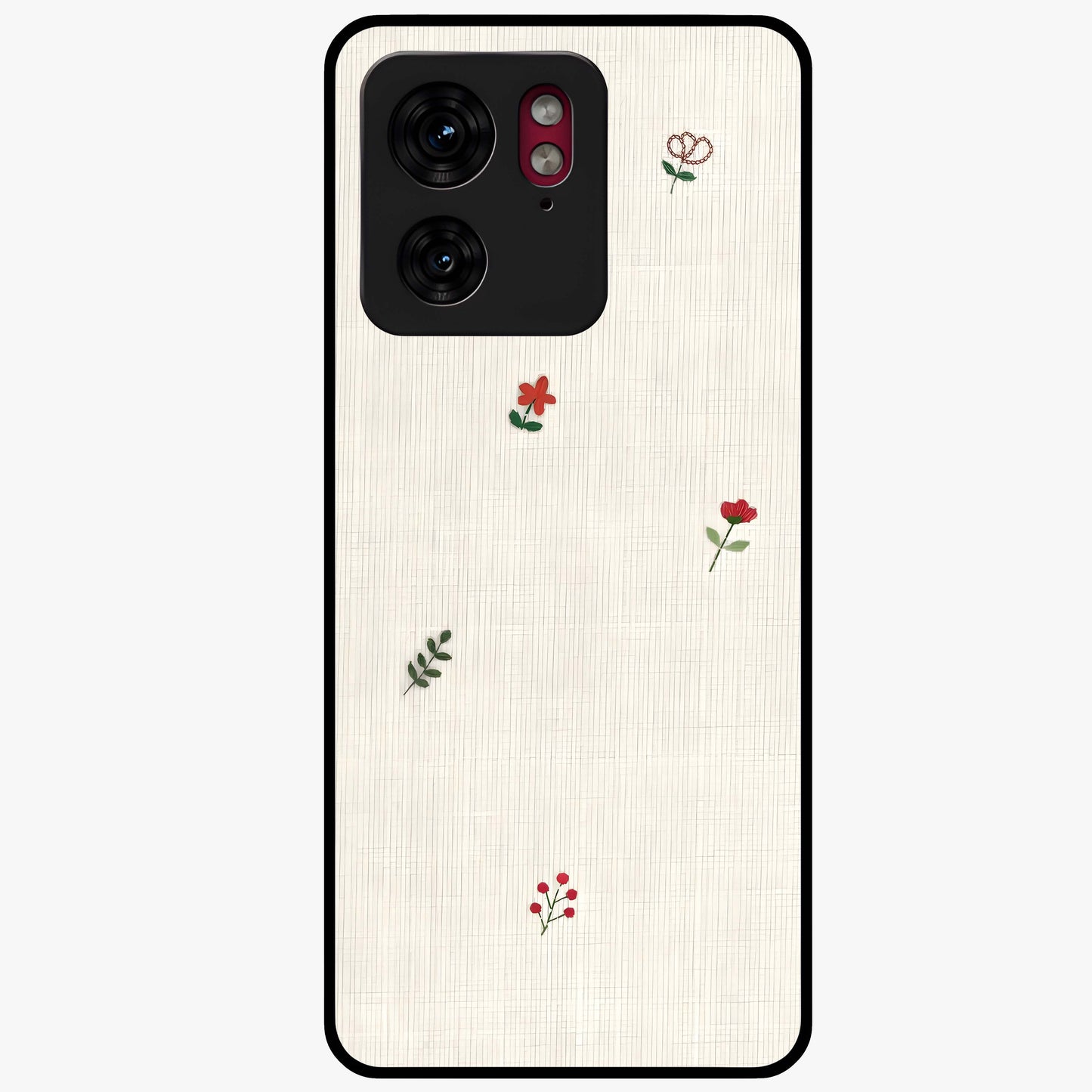 Minimal Petal Whispers Glass Case showing flat back view with soft minimal floral artwork and glossy glass finish.