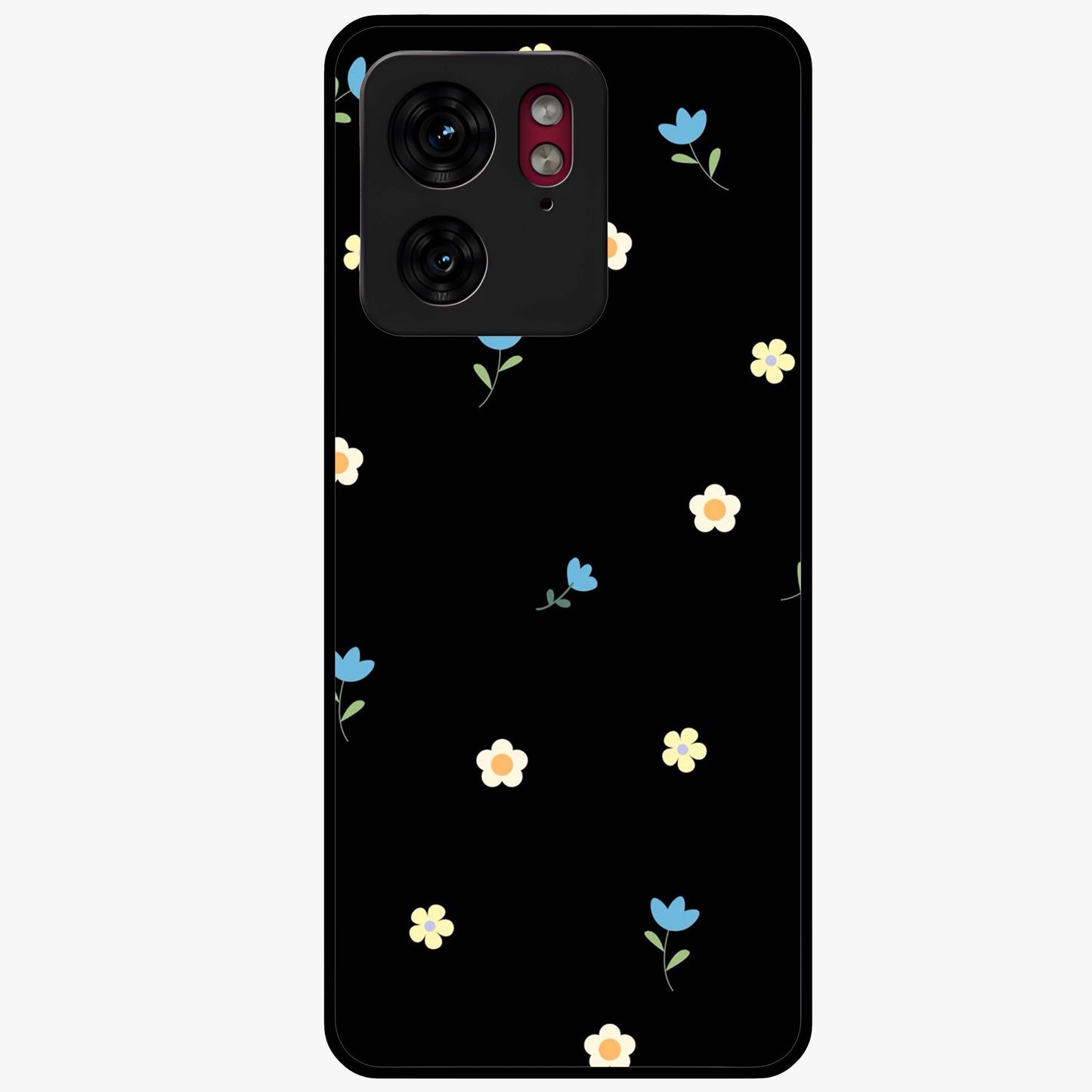 Minimalistic Blue With White Flower Pattern Glass Case showing flat back view with blue background and white flower pattern and glossy glass finish.