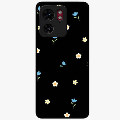 Minimalistic Blue With White Flower Pattern Glass Case showing flat back view with blue background and white flower pattern and glossy glass finish.