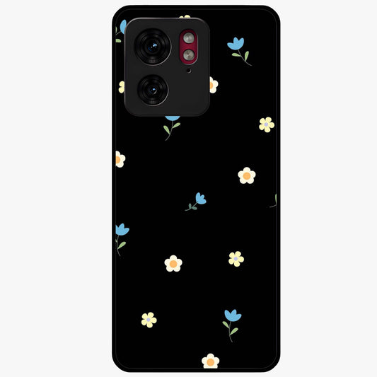 Minimalistic Blue With White Flower Pattern Glass Case showing flat back view with blue background and white flower pattern and glossy glass finish.