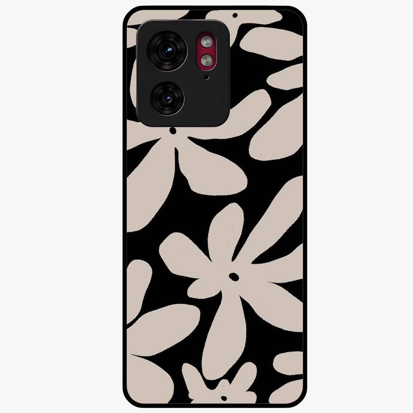 Monochrome Petal Dance Glass Case showing flat back view with monochrome floral artwork and glossy glass finish.