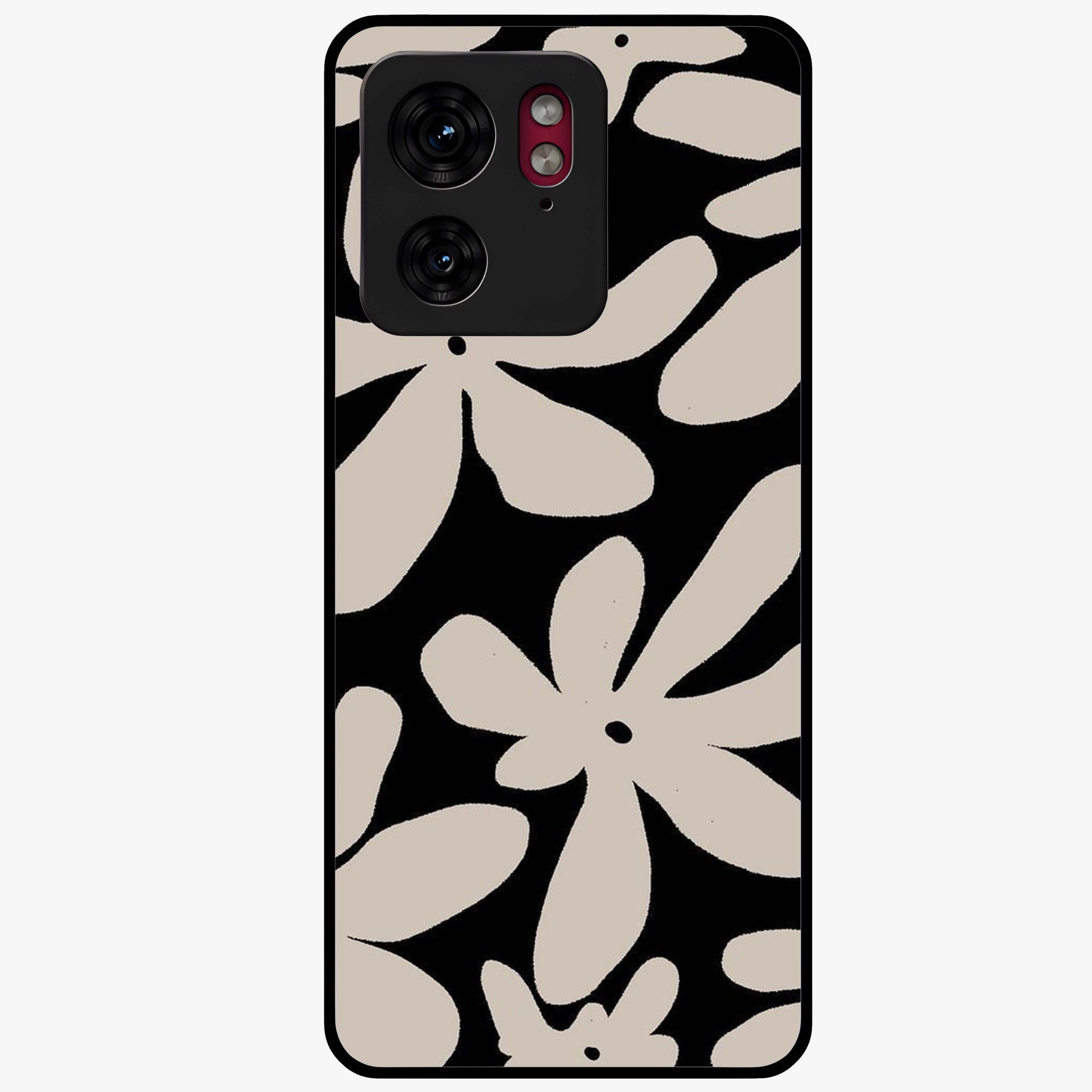 Monochrome Petal Dance Glass Case showing flat back view with monochrome floral artwork and glossy glass finish.
