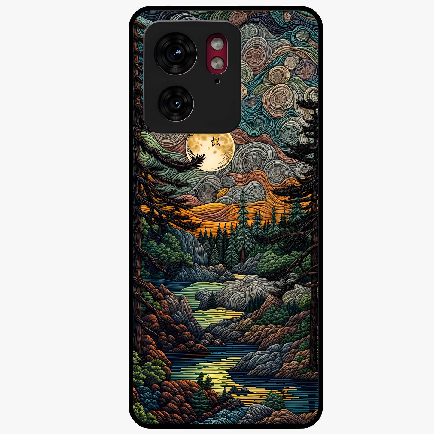 Moonlight Forest Dream Glass Case showing flat back view with mystical forest moonlight artwork and glossy glass finish.